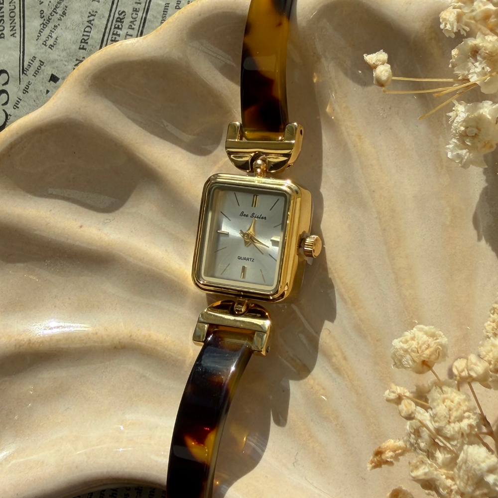 Gold Tortoiseshell Rectangle Watch