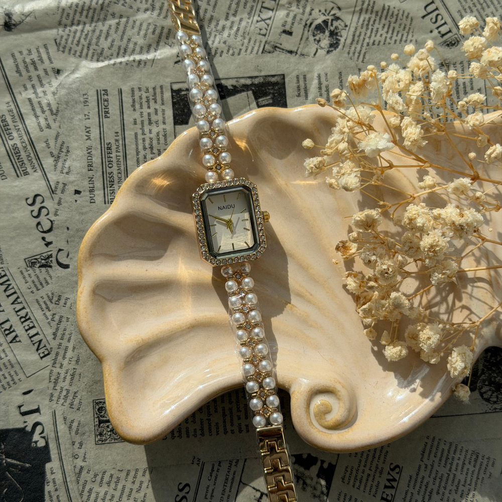 Gold Square Watch with Pearls
