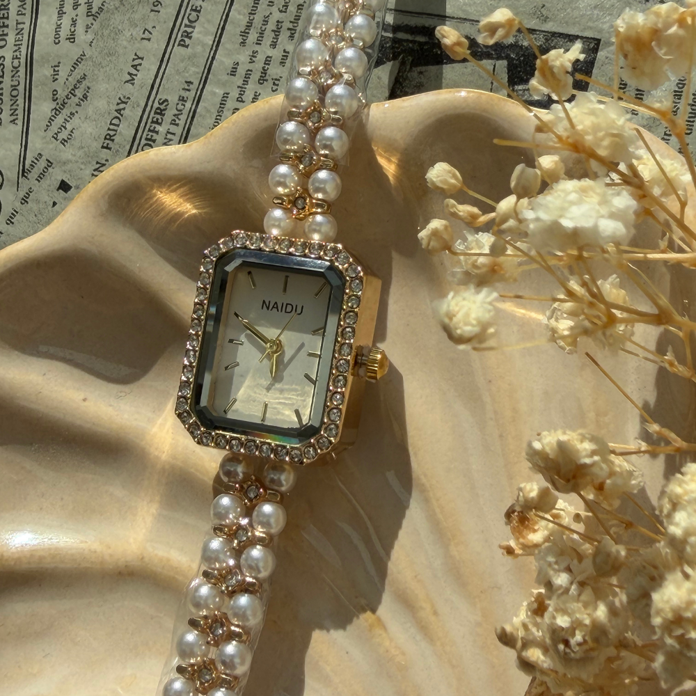Gold Square Watch with Pearls