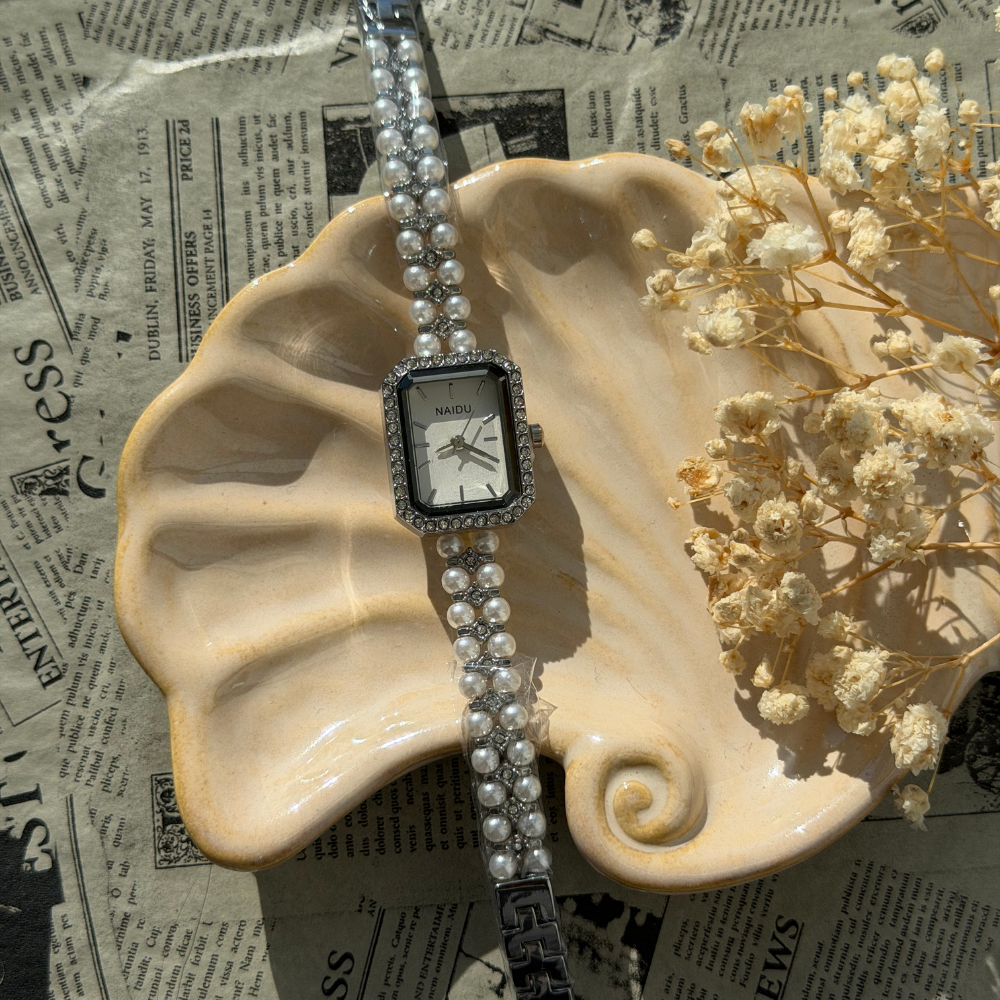 Silver Square Watch with Pearls