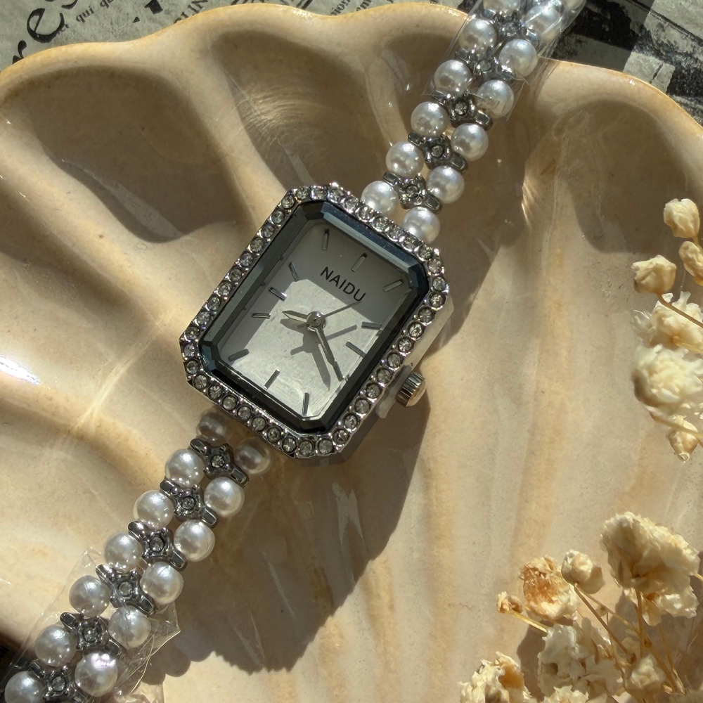 Silver Square Watch with Pearls