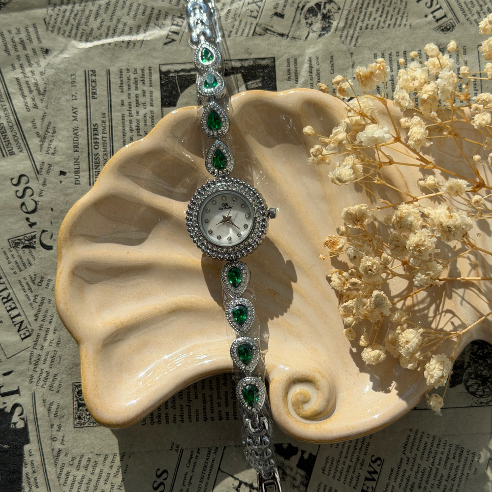 Silver Emerald Crystal Watch