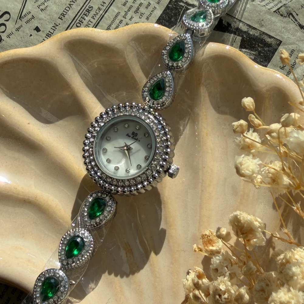 Silver Emerald Crystal Watch
